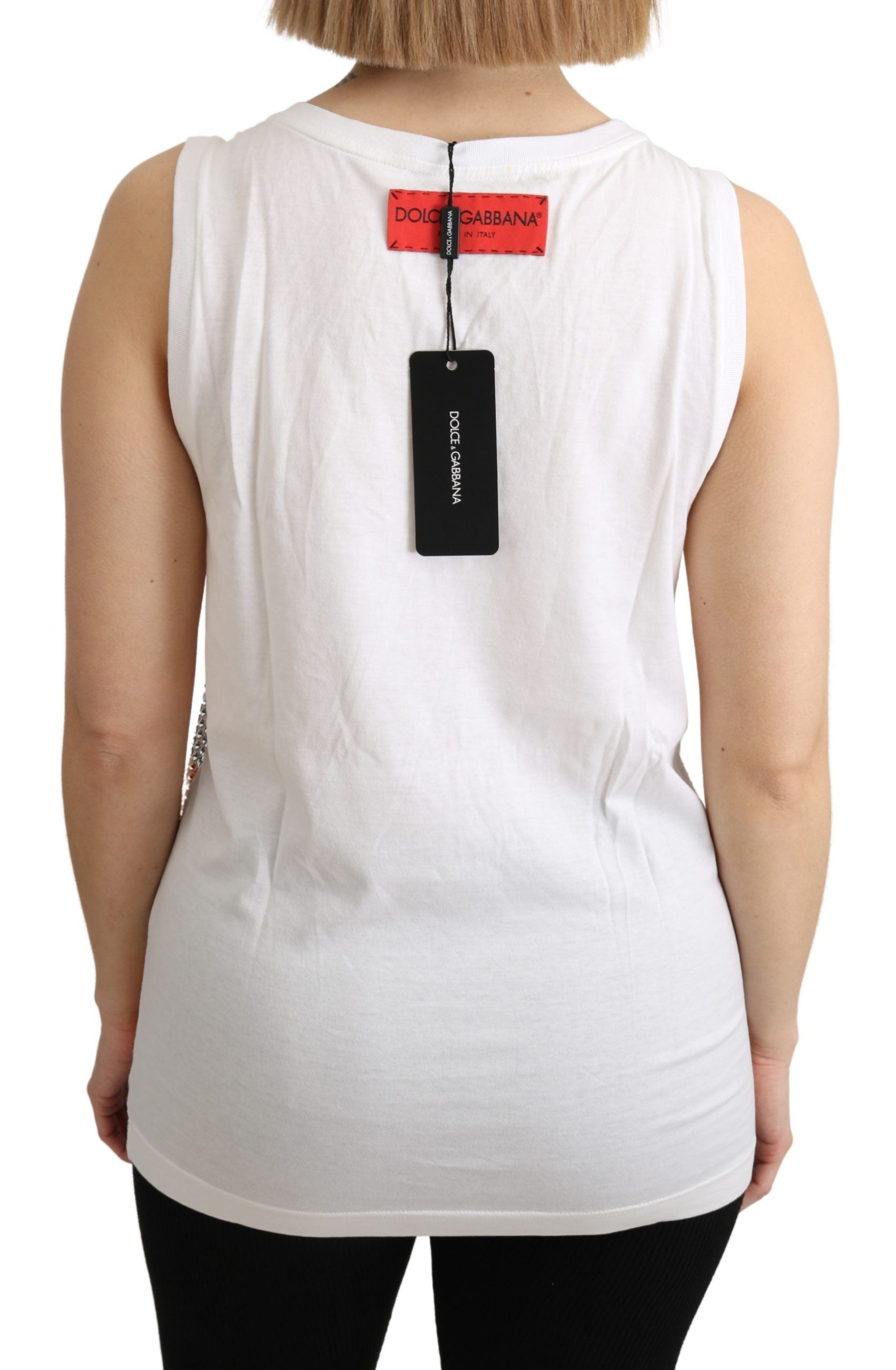 Dolce & Gabbana Weißes ärmelloses Tanktop aus Baumwolle mit orangefarbenen Kristallen