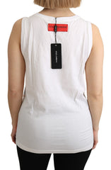 Dolce & Gabbana Weißes ärmelloses Tanktop aus Baumwolle mit orangefarbenen Kristallen