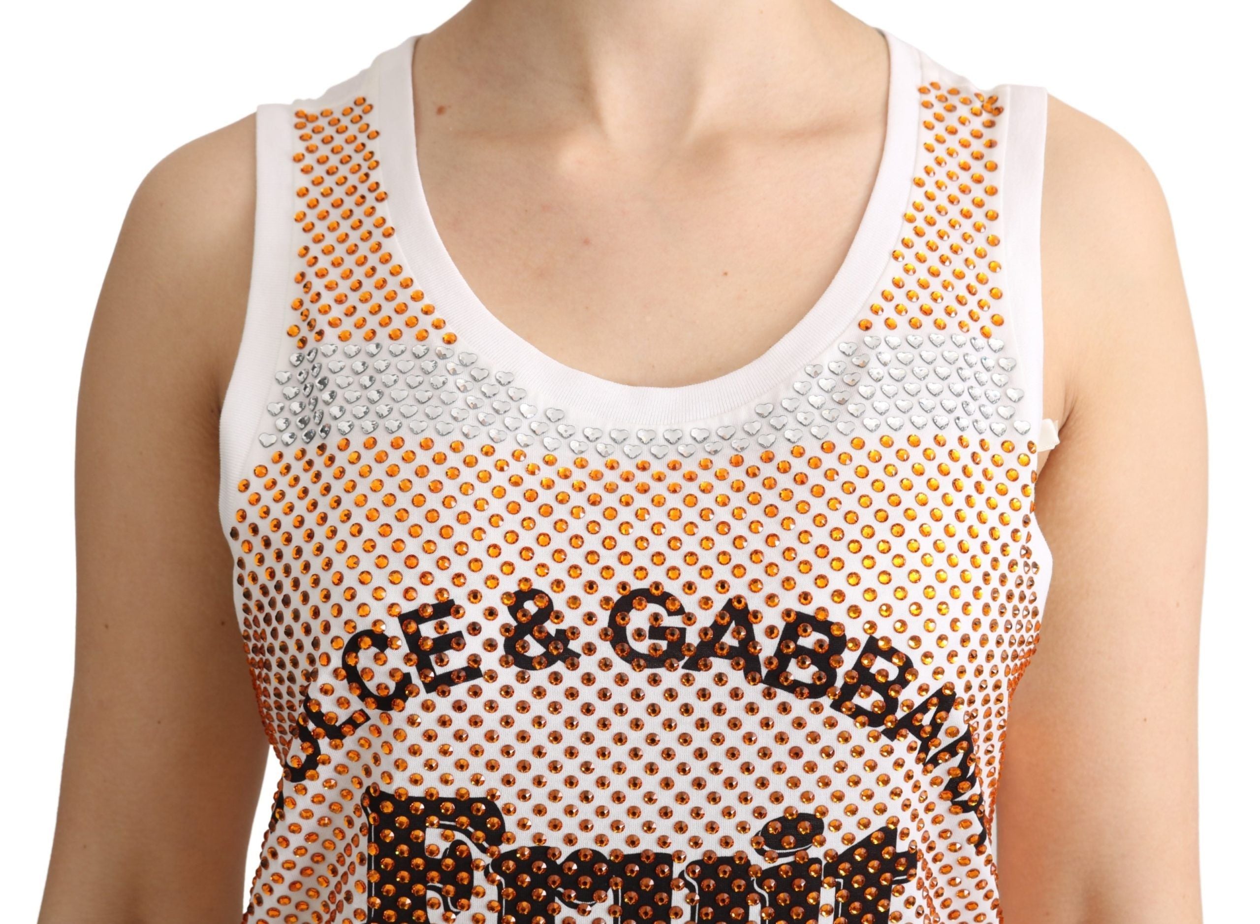 Dolce & Gabbana Weißes ärmelloses Tanktop aus Baumwolle mit orangefarbenen Kristallen