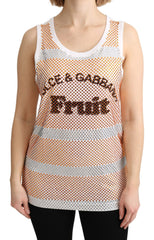 Dolce & Gabbana Weißes ärmelloses Tanktop aus Baumwolle mit orangefarbenen Kristallen