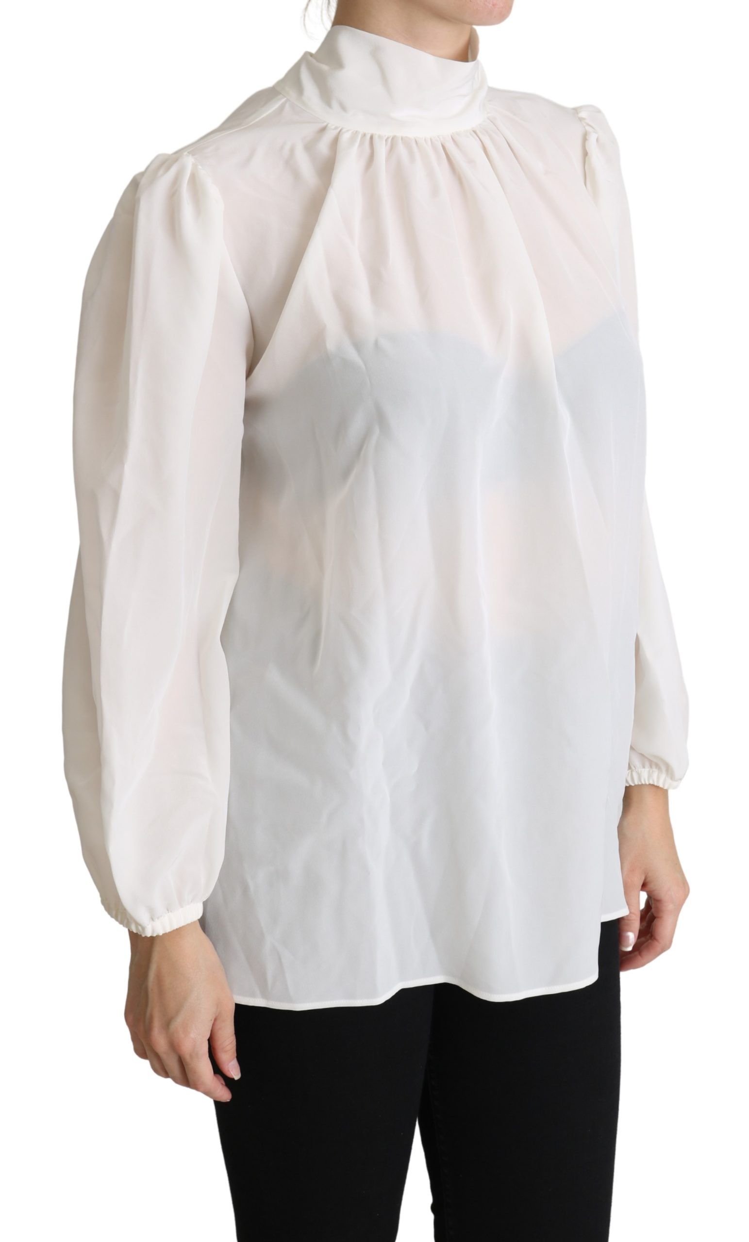 Dolce & Gabbana Weiße Seidenbluse mit Schluppe und langen Ärmeln