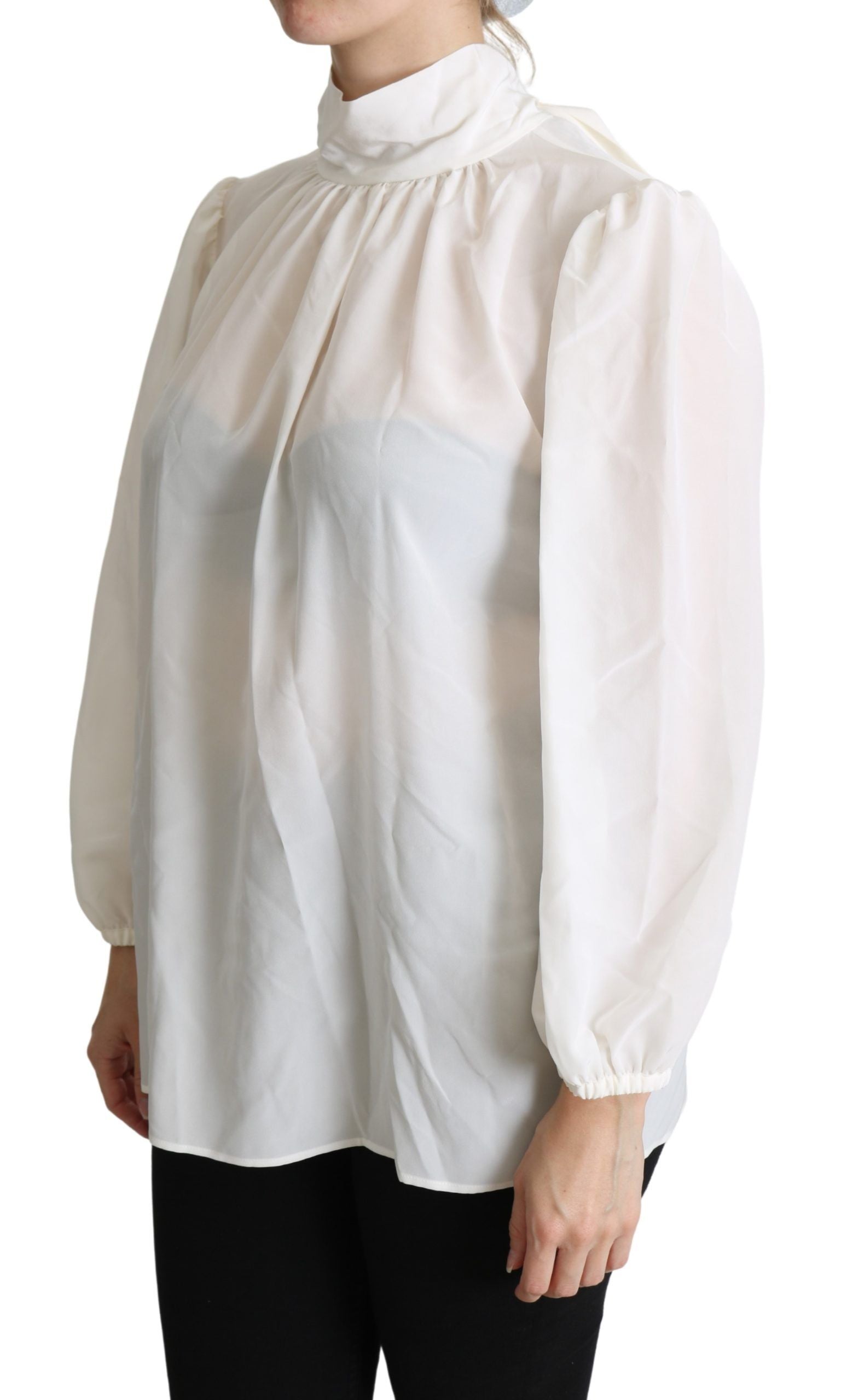Dolce & Gabbana Weiße Seidenbluse mit Schluppe und langen Ärmeln