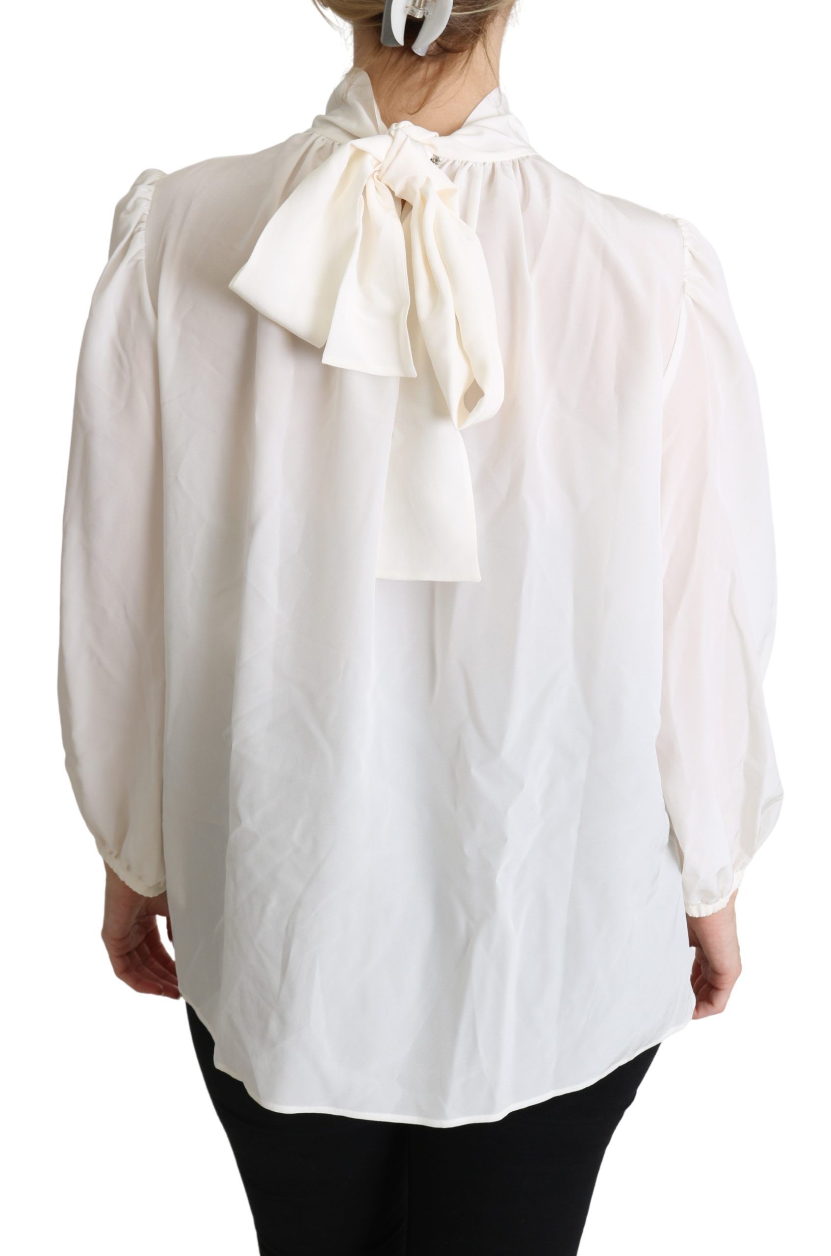 Dolce & Gabbana Weiße Seidenbluse mit Schluppe und langen Ärmeln