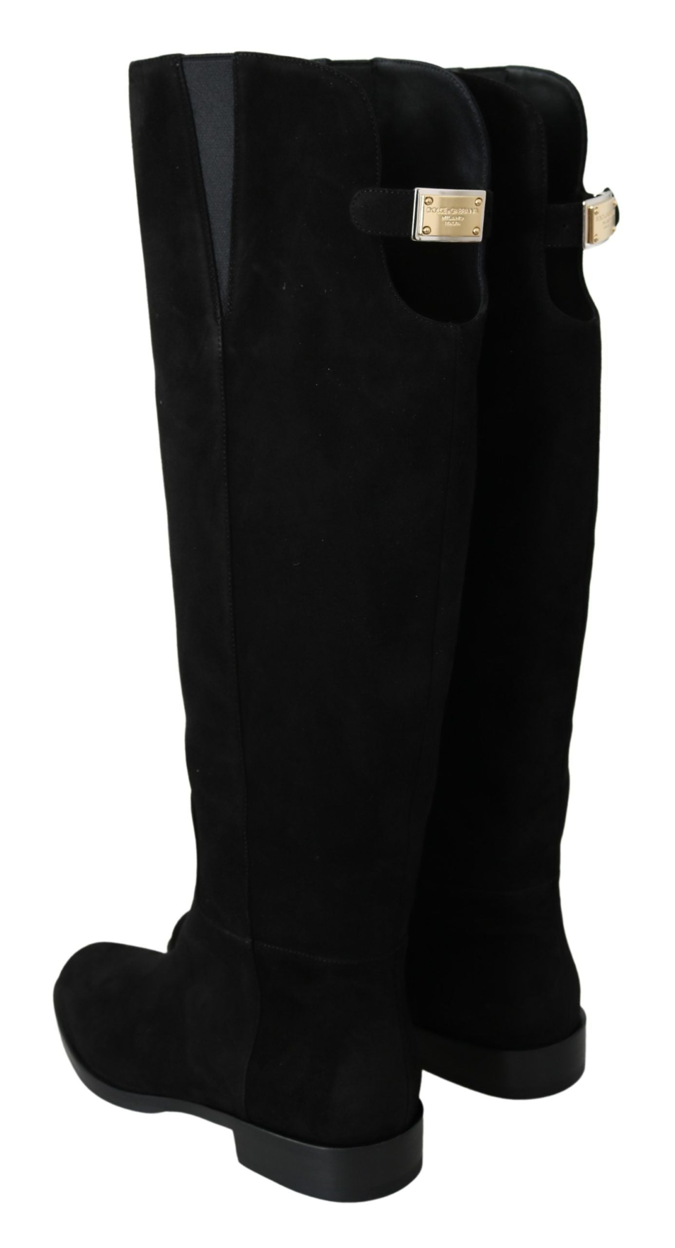 Dolce & Gabbana Schwarze kniehohe flache Stiefel aus Wildleder
