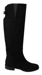 Dolce & Gabbana Schwarze kniehohe flache Stiefel aus Wildleder