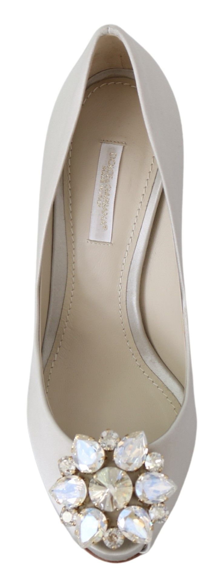Dolce & Gabbana Weiße Kristalle Peep Toe High Heels Satin Pumps Schuhe