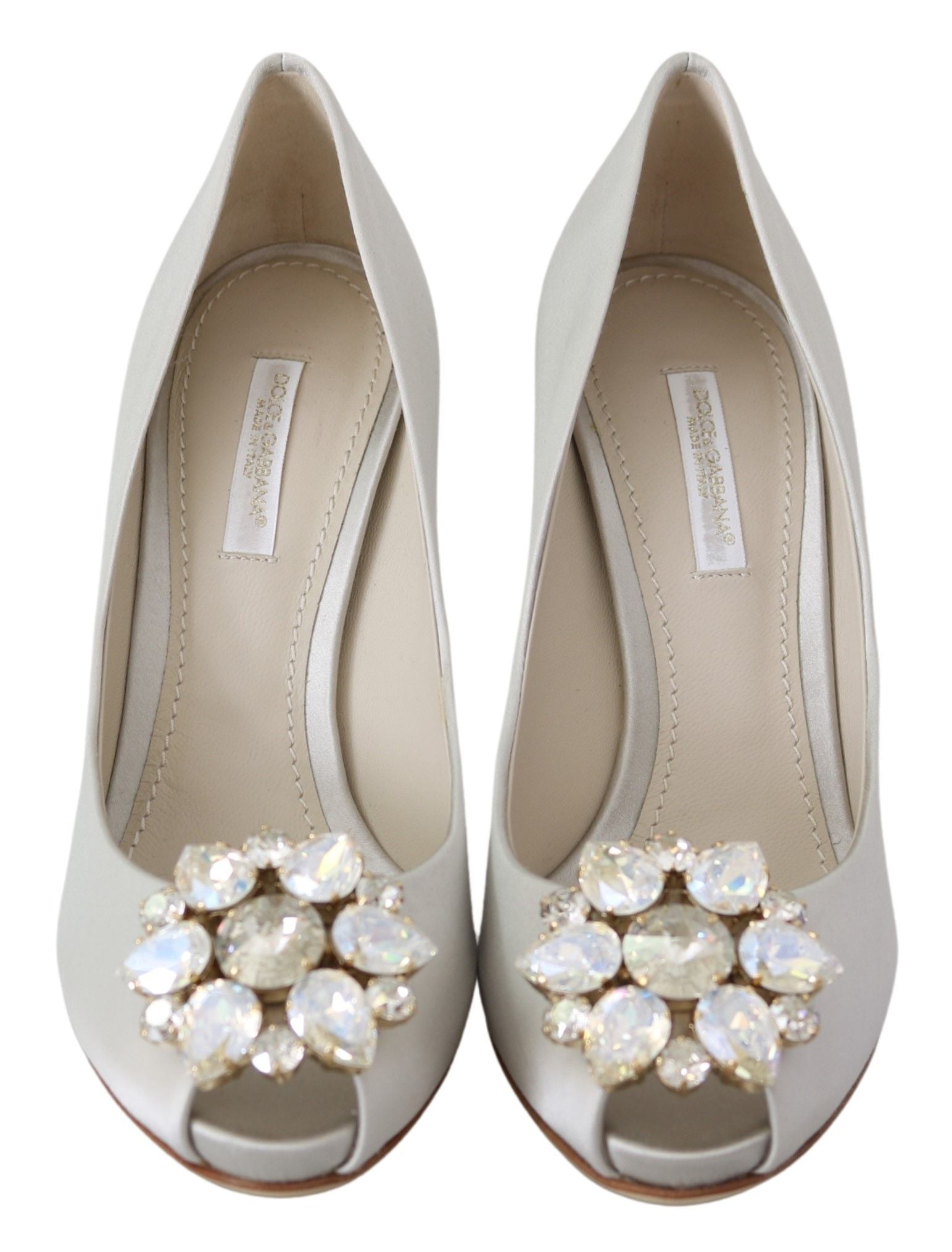 Dolce & Gabbana Weiße Kristalle Peep Toe High Heels Satin Pumps Schuhe