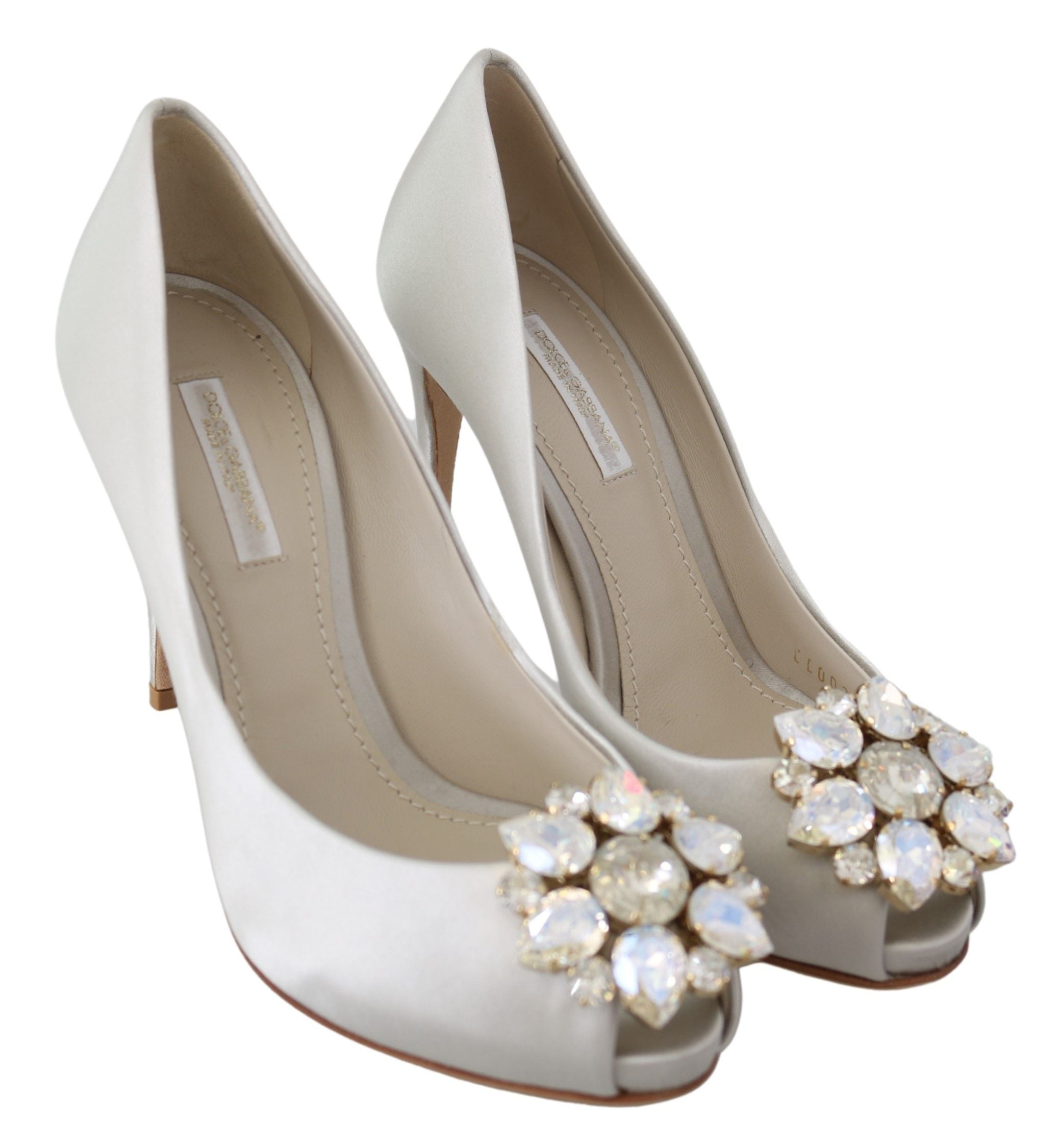 Dolce & Gabbana Weiße Kristalle Peep Toe High Heels Satin Pumps Schuhe
