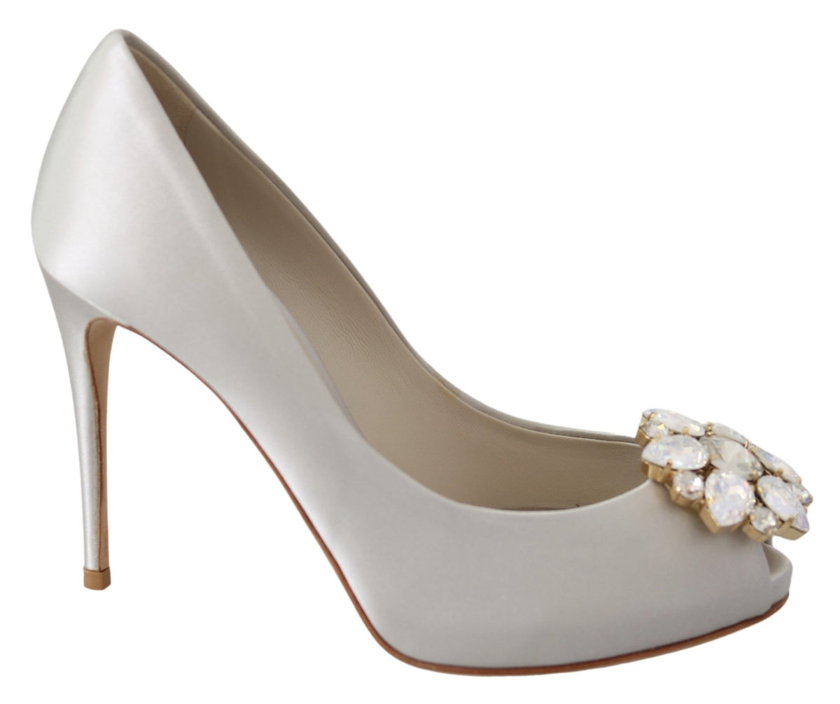 Dolce & Gabbana Weiße Kristalle Peep Toe High Heels Satin Pumps Schuhe