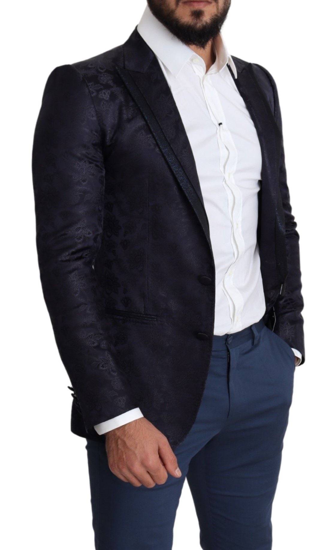 Dolce & Gabbana Blauer Seidenmantel mit Blumenjacquard MARTINI Blazer