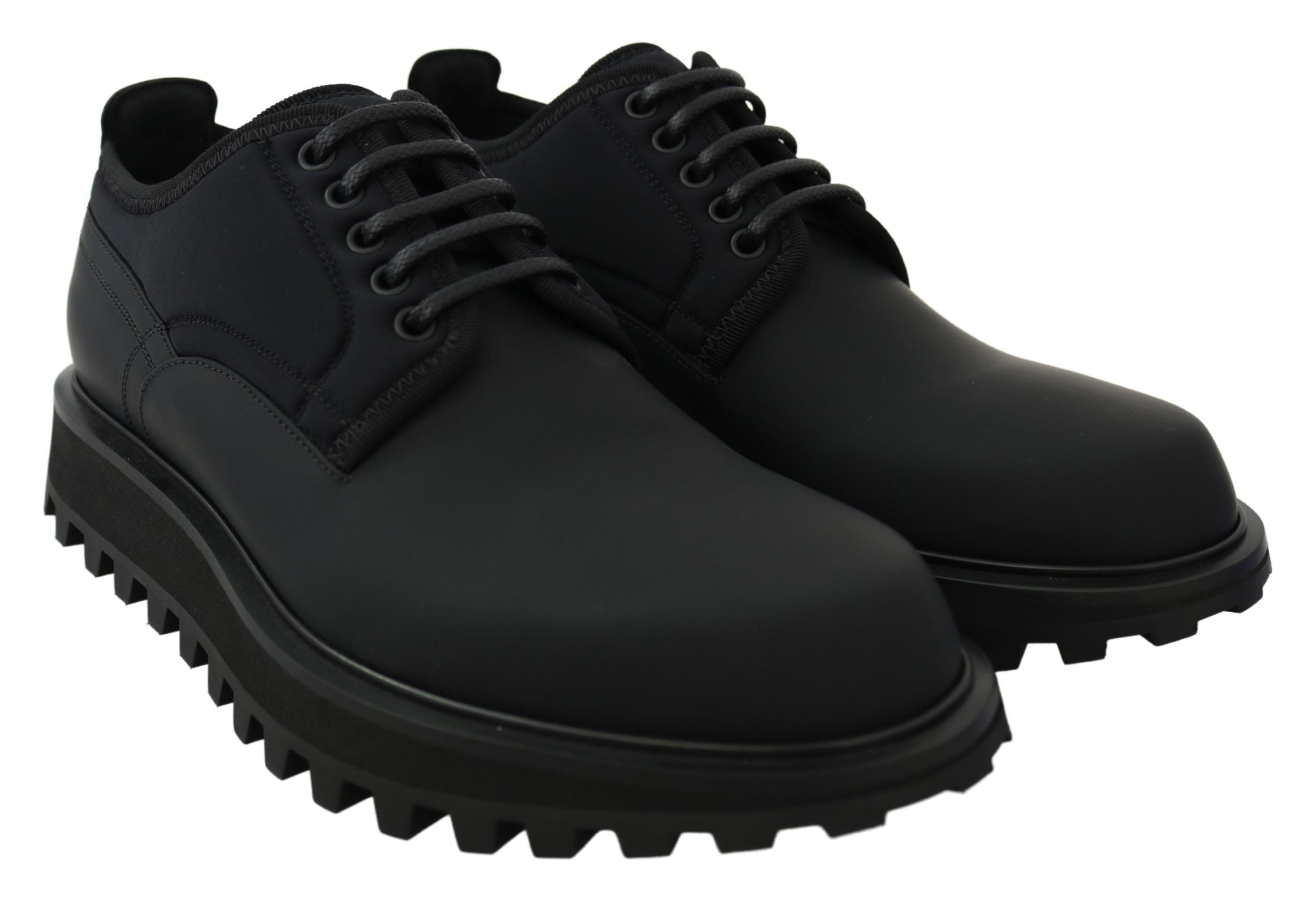 Dolce & Gabbana Schwarze Vulcano Derby Schuhe aus gummiertem Kalbsleder mit klobiger Sohle