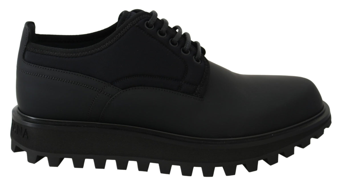 Dolce & Gabbana Schwarze Vulcano Derby Schuhe aus gummiertem Kalbsleder mit klobiger Sohle