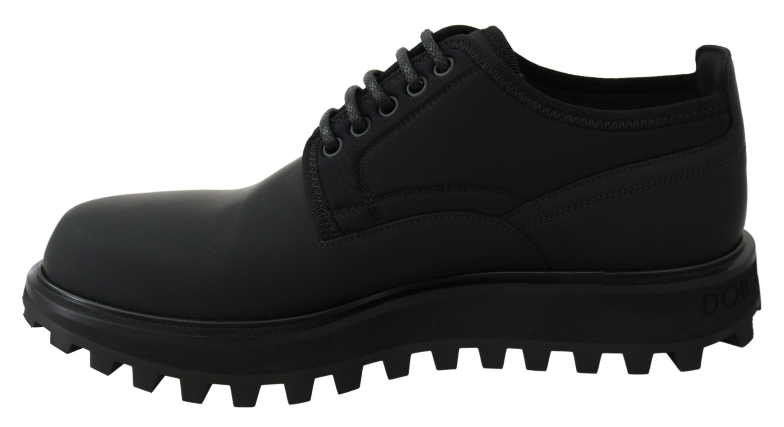Dolce & Gabbana Schwarze Vulcano Derby Schuhe aus gummiertem Kalbsleder mit klobiger Sohle