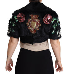 Dolce & Gabbana Schwarzer Mantel aus Kaninchenfell mit Kristallen und Pailletten
