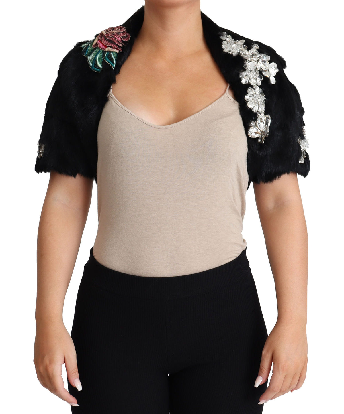 Dolce & Gabbana Schwarzer Mantel aus Kaninchenfell mit Kristallen und Pailletten