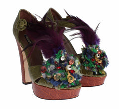 Dolce & Gabbana Groene Leren Sandaalschoenen met Kristallen Plateauzool