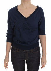 Exte Blauer Baumwoll-Top Pullover Tiefer V-Ausschnitt Damen Pullover