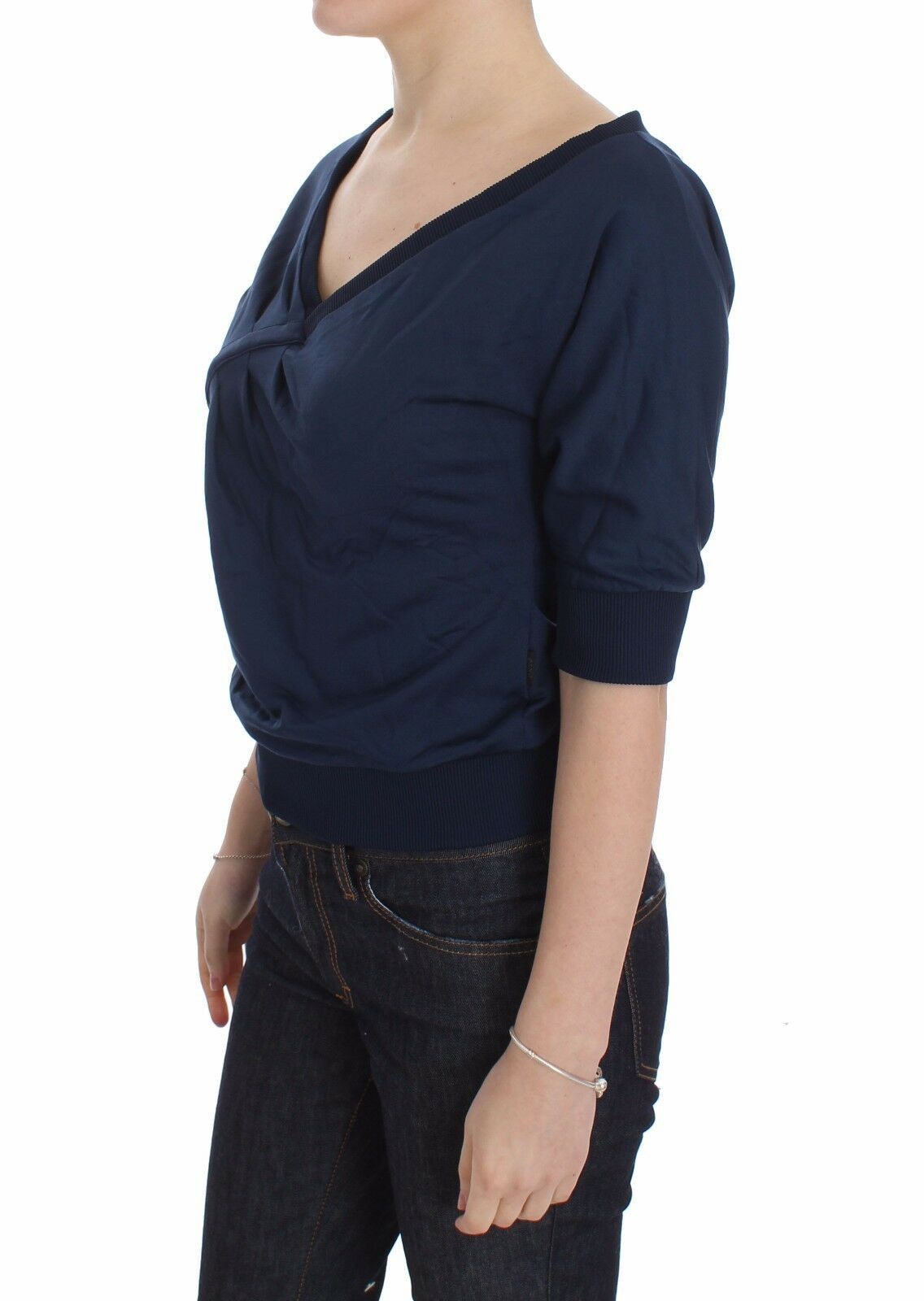 Exte Blauer Baumwoll-Top Pullover Tiefer V-Ausschnitt Damen Pullover