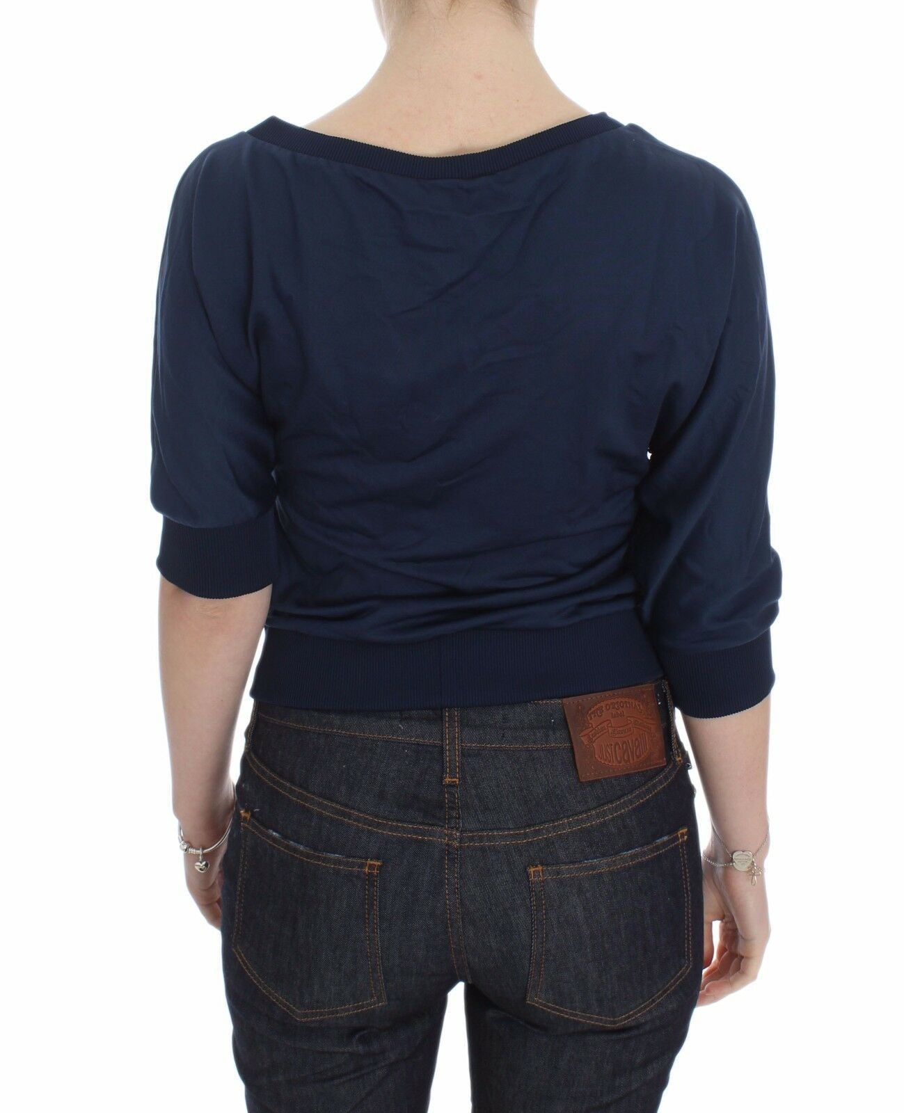 Exte Blauer Baumwoll-Top Pullover Tiefer V-Ausschnitt Damen Pullover