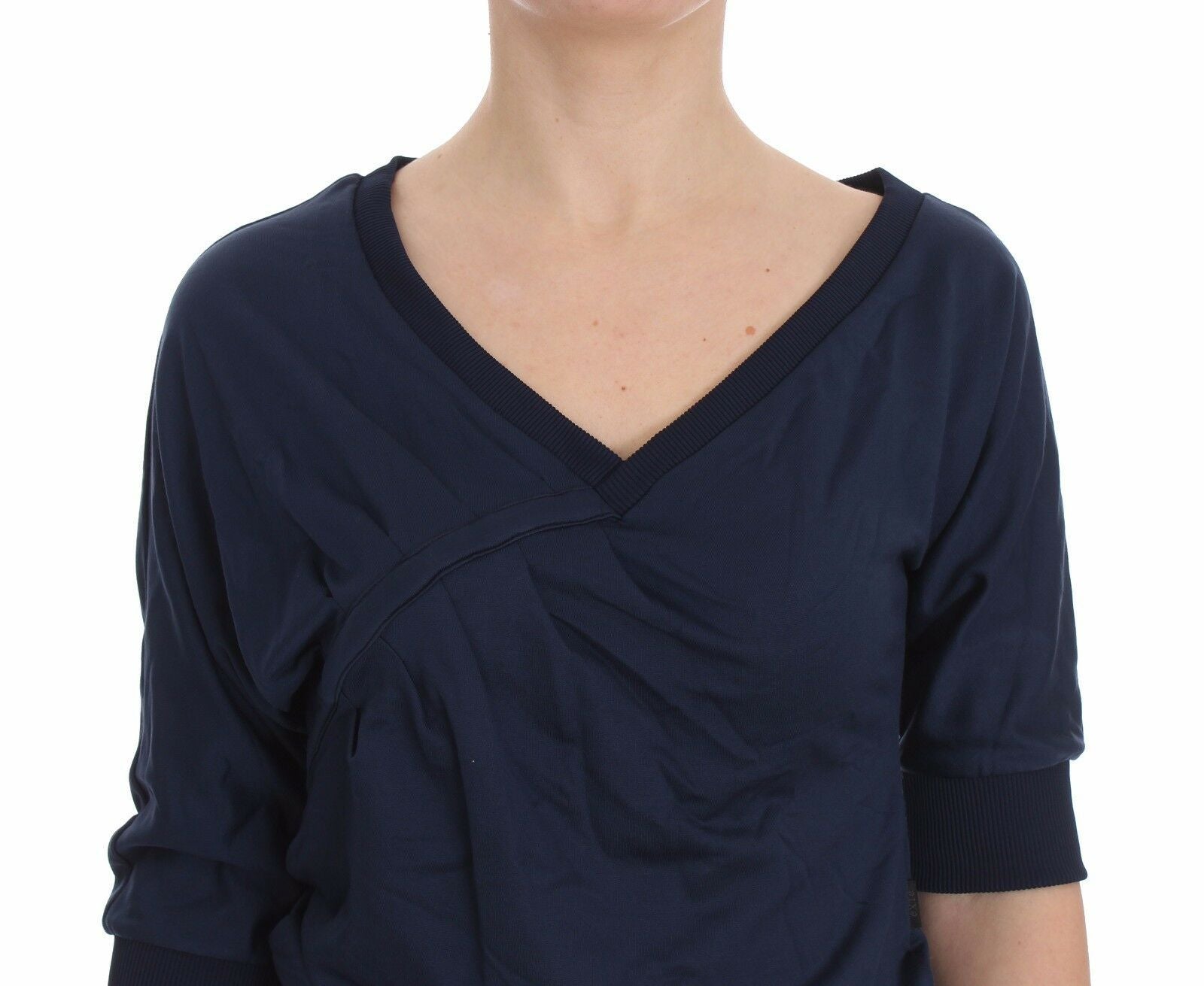 Exte Blauer Baumwoll-Top Pullover Tiefer V-Ausschnitt Damen Pullover