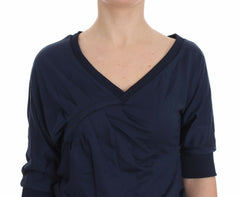 Exte Blauer Baumwoll-Top Pullover Tiefer V-Ausschnitt Damen Pullover