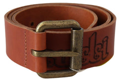 Just Cavalli Bruine Leren Riem met Logo en Brons Rustieke Metalen Gesp