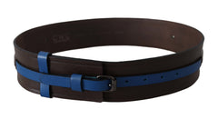 Costume National brauner Ledergürtel mit dünnem blauem Streifen und Schnalle