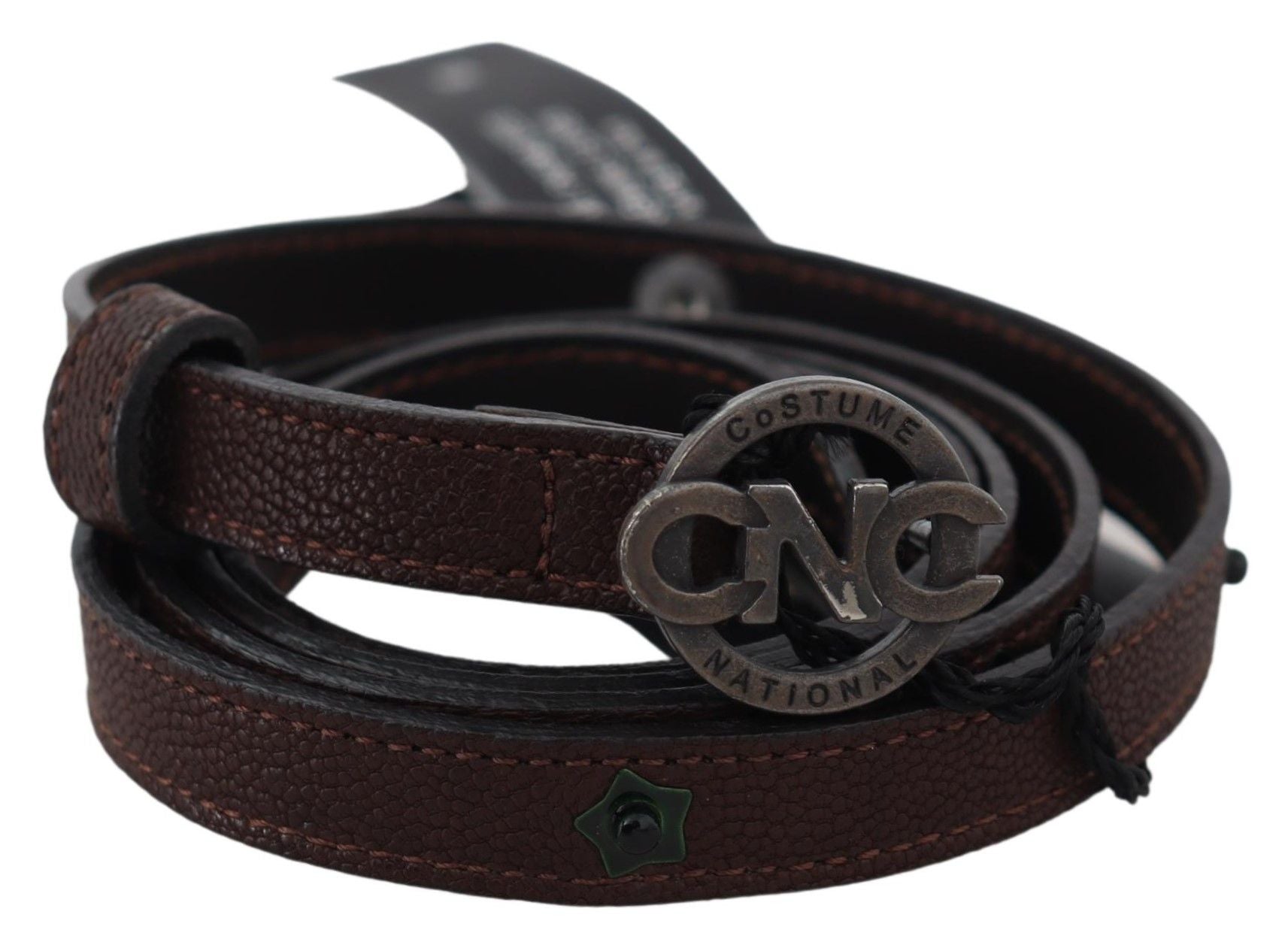 Costume National Brauner schmaler Ledergürtel mit runder Logo-Schnalle