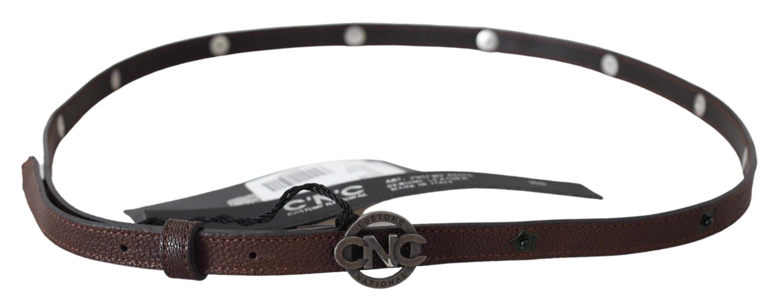 Costume National Brauner schmaler Ledergürtel mit runder Logo-Schnalle