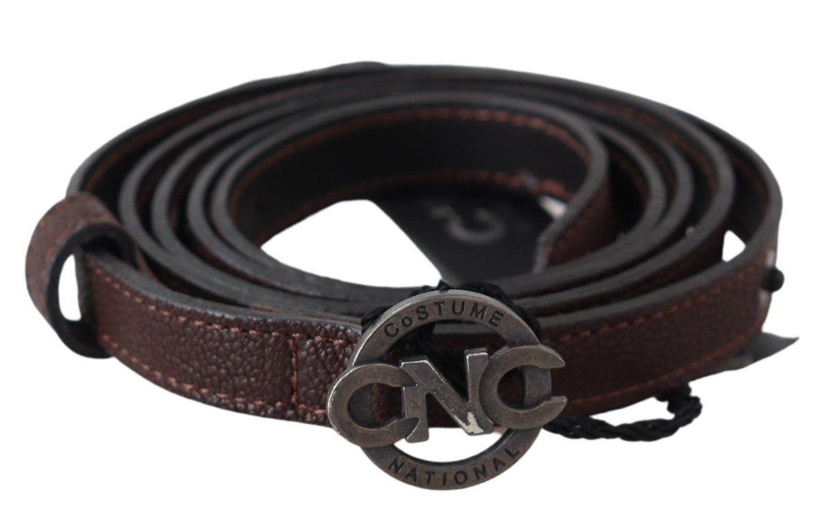 Costume National Brauner schmaler Ledergürtel mit runder Logo-Schnalle