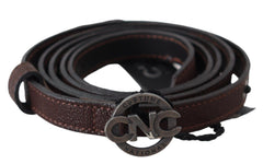 Costume National Brauner schmaler Ledergürtel mit runder Logo-Schnalle