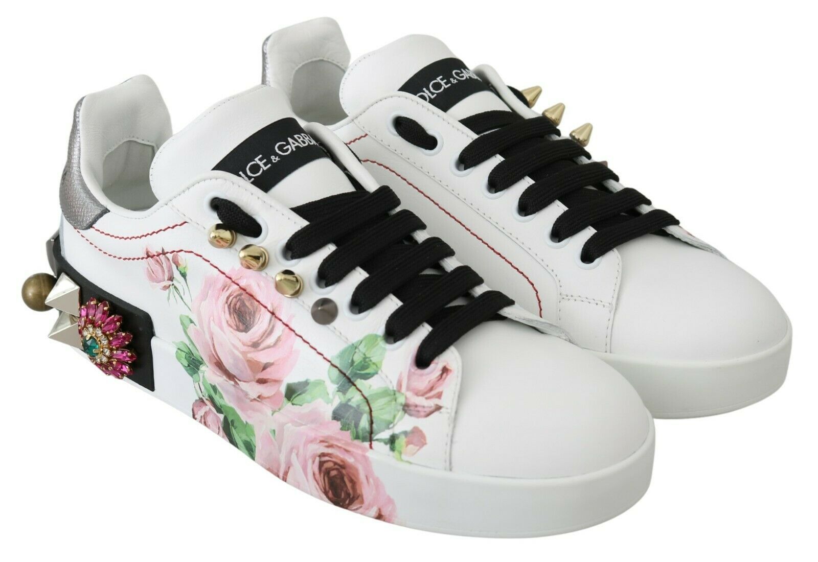 Dolce & Gabbana Weiße Leder Kristall Rosen Blumen Sneakers Schuhe