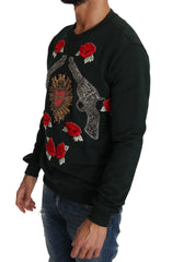 Dolce & Gabbana Green Crystal Heart Roses Gun Sweater