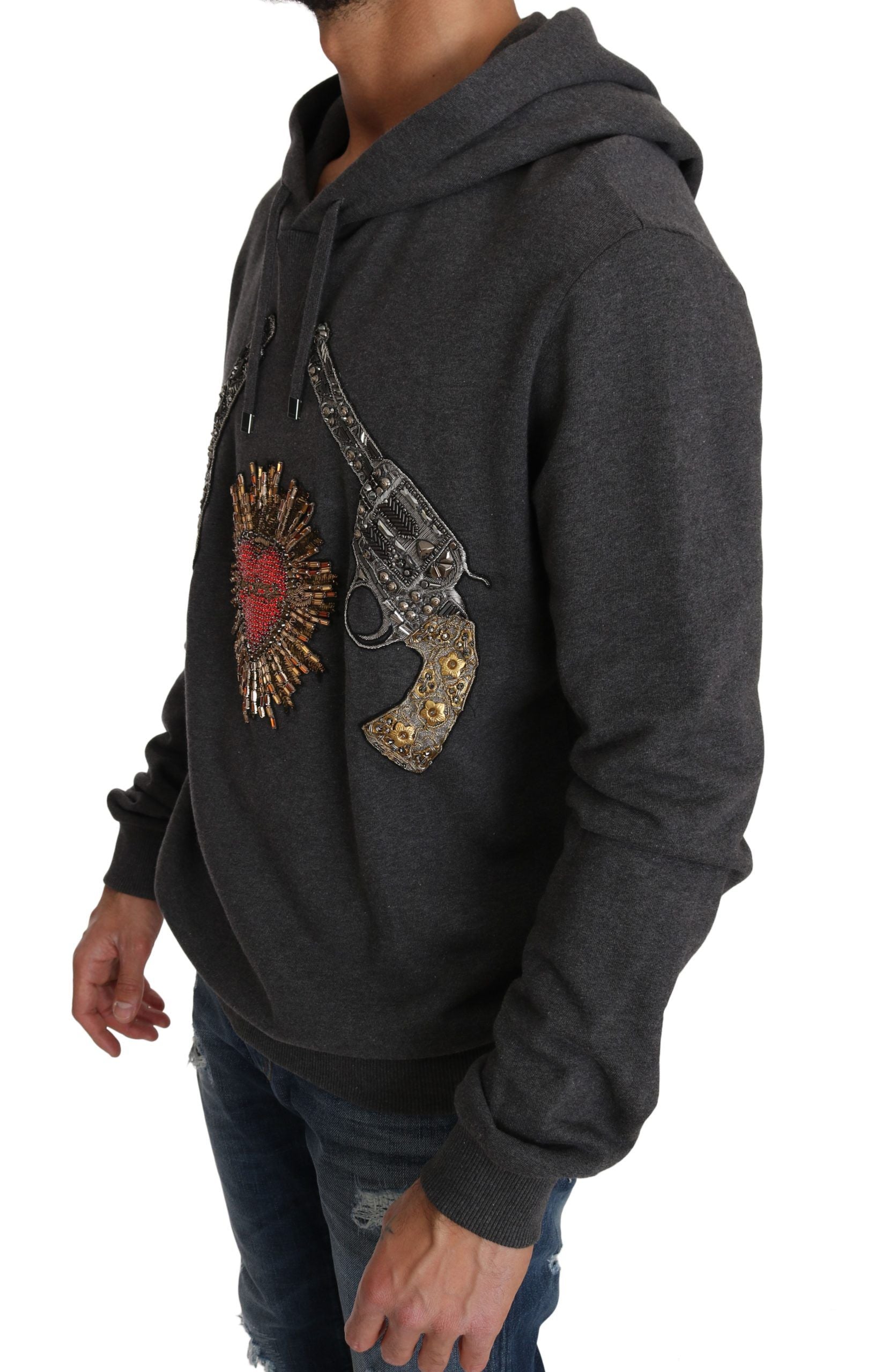 Dolce & Gabbana Grauer Kapuzenpullover mit rotem Kristallherz und Gewehr