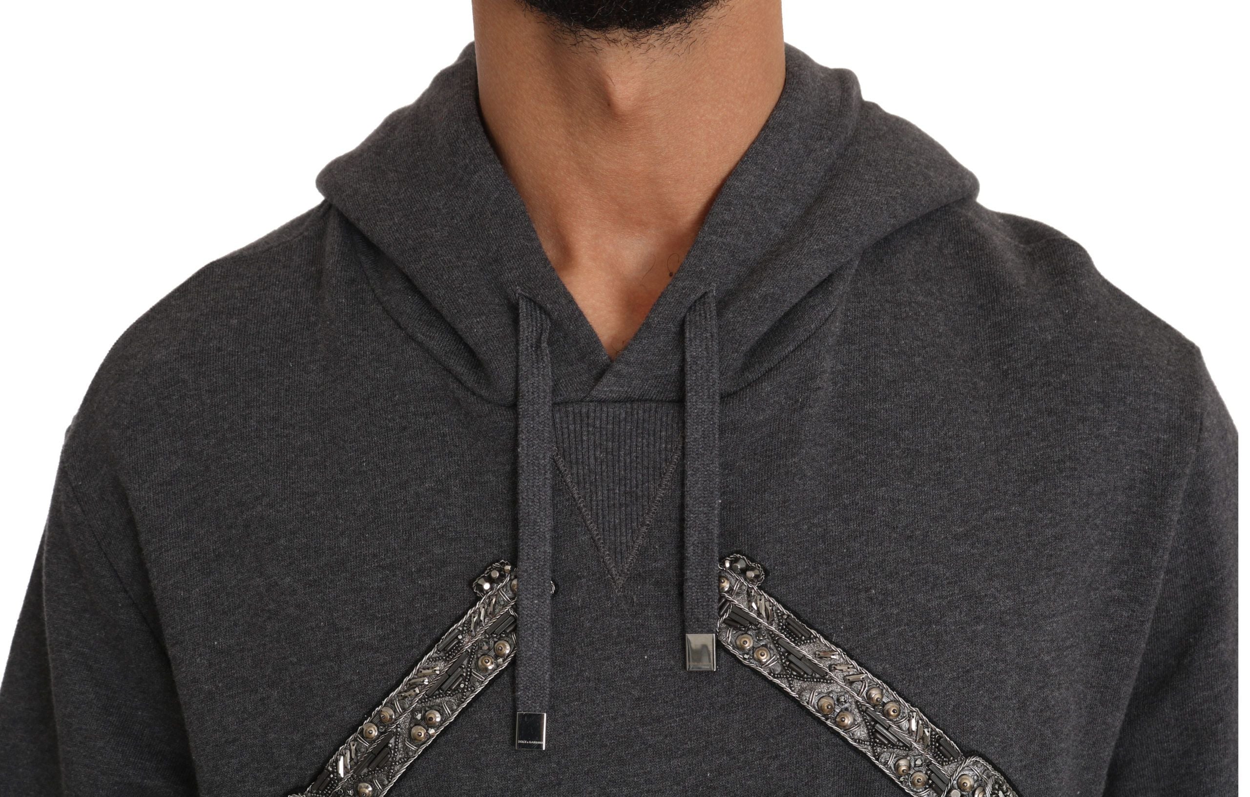 Dolce & Gabbana Grauer Kapuzenpullover mit rotem Kristallherz und Gewehr