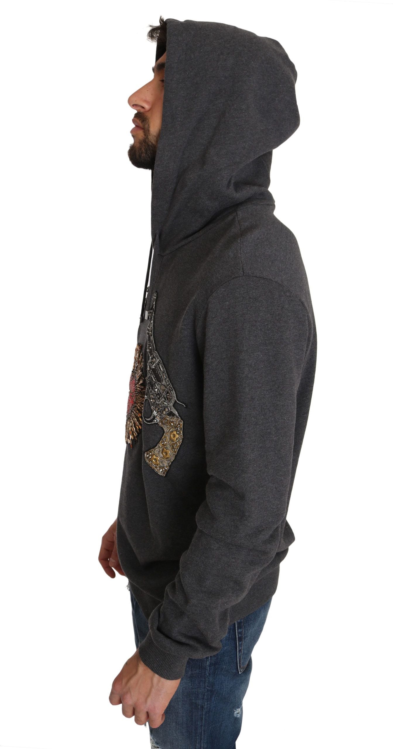 Dolce & Gabbana Grauer Kapuzenpullover mit rotem Kristallherz und Gewehr