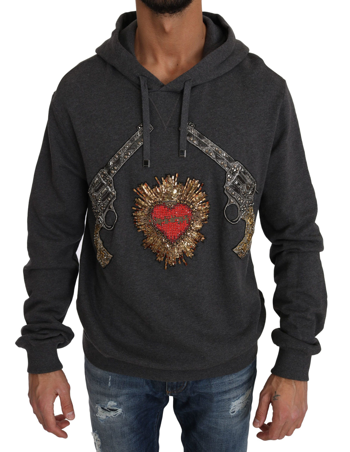 Dolce & Gabbana Grauer Kapuzenpullover mit rotem Kristallherz und Gewehr