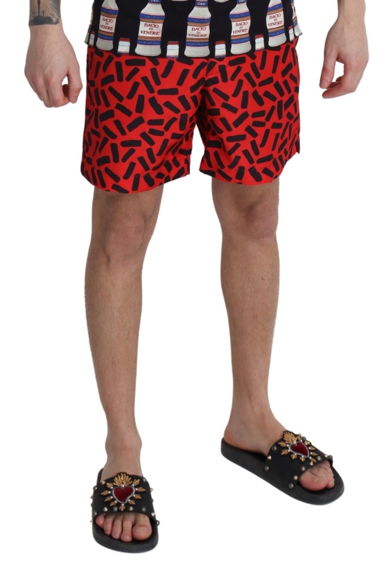 Dolce & Gabbana Rote gemusterte Strandmode Shorts Bademode
