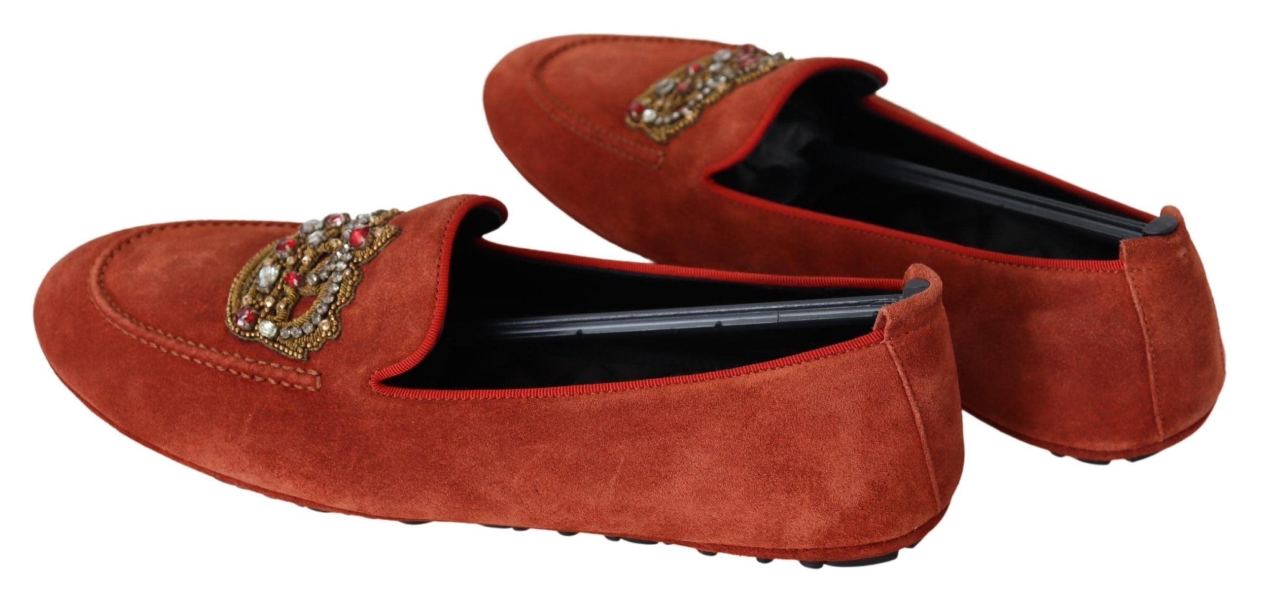 Dolce & Gabbana Oranje Leren Kristallen Kroon Loafers Schoenen