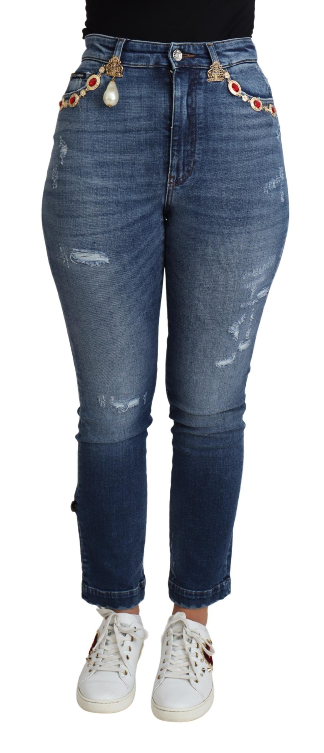 Dolce & Gabbana Blaue verzierte Skinny-Hose Baumwolljeans
