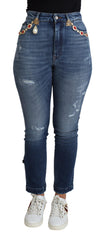 Dolce & Gabbana Blaue verzierte Skinny-Hose Baumwolljeans