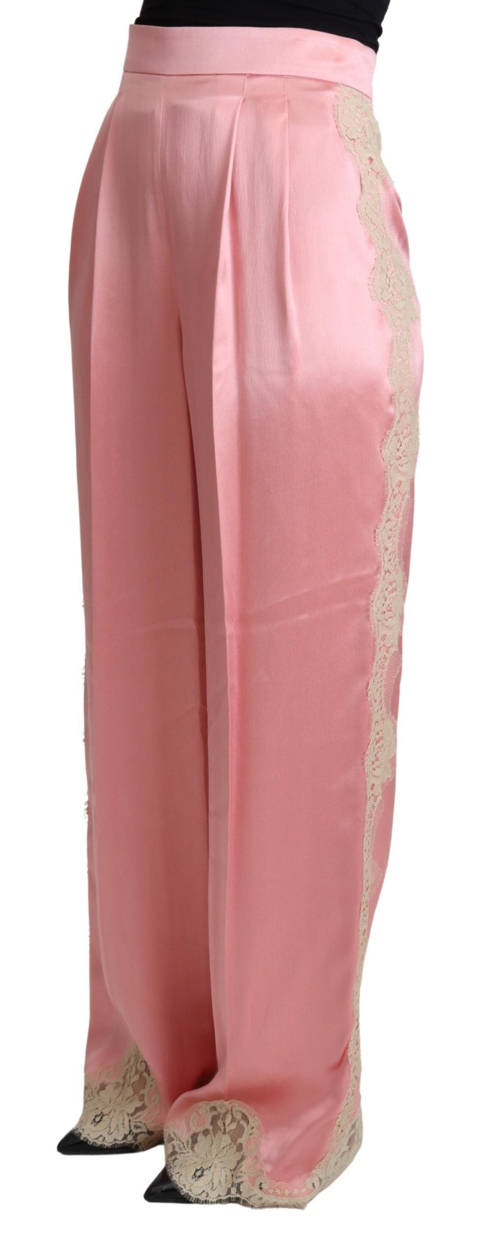 Dolce & Gabbana Pinkfarbene Seidensatinhose mit Spitzenbesatz und weitem Bein