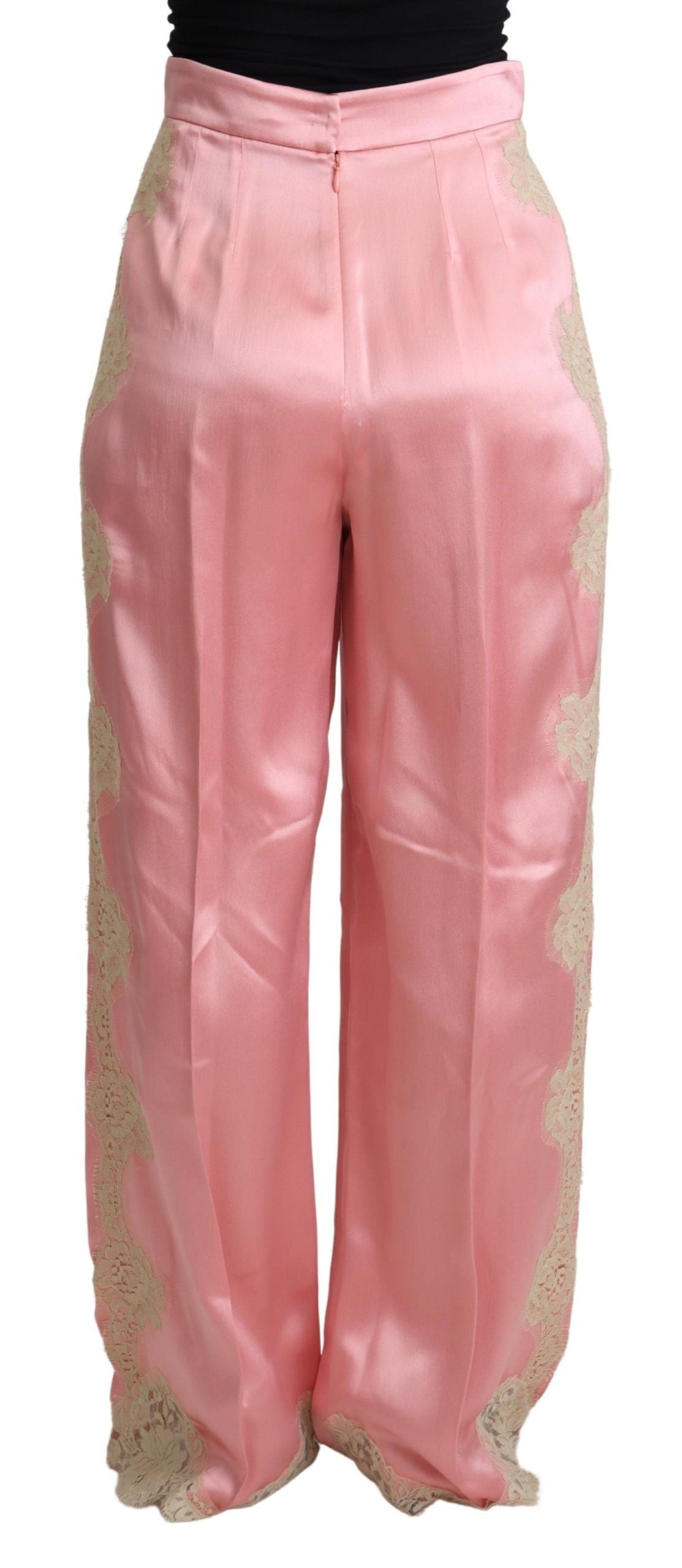 Dolce & Gabbana Pinkfarbene Seidensatinhose mit Spitzenbesatz und weitem Bein