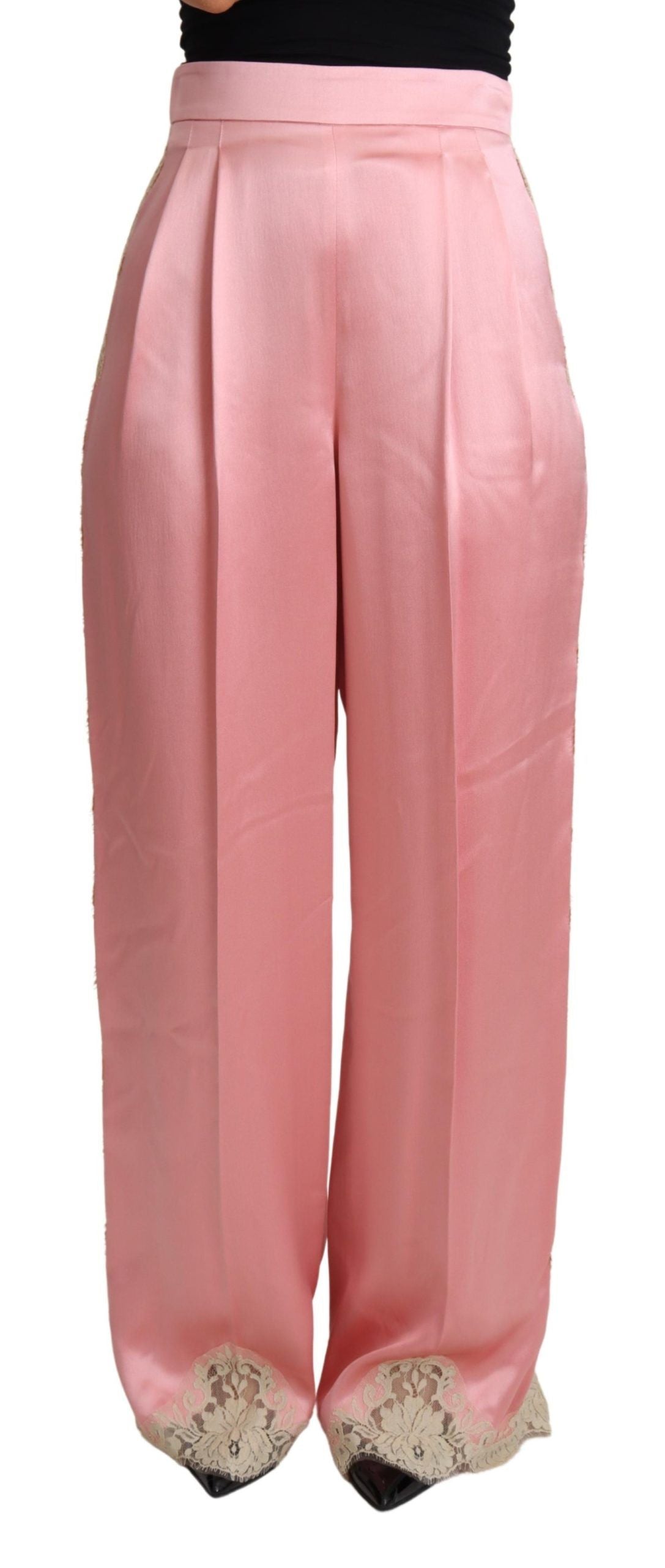 Dolce & Gabbana Pinkfarbene Seidensatinhose mit Spitzenbesatz und weitem Bein
