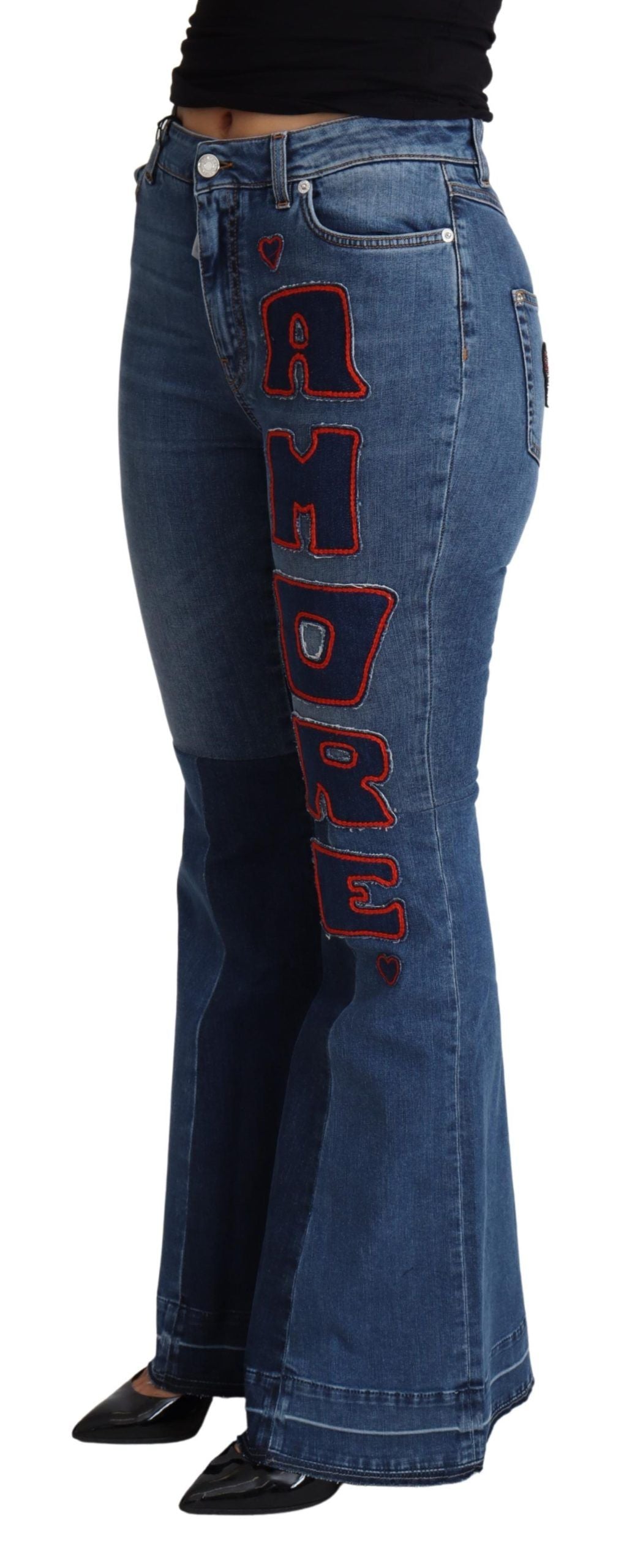 Dolce & Gabbana Blue Amore Patch Boot Cut Baumwoll-Stretchhose