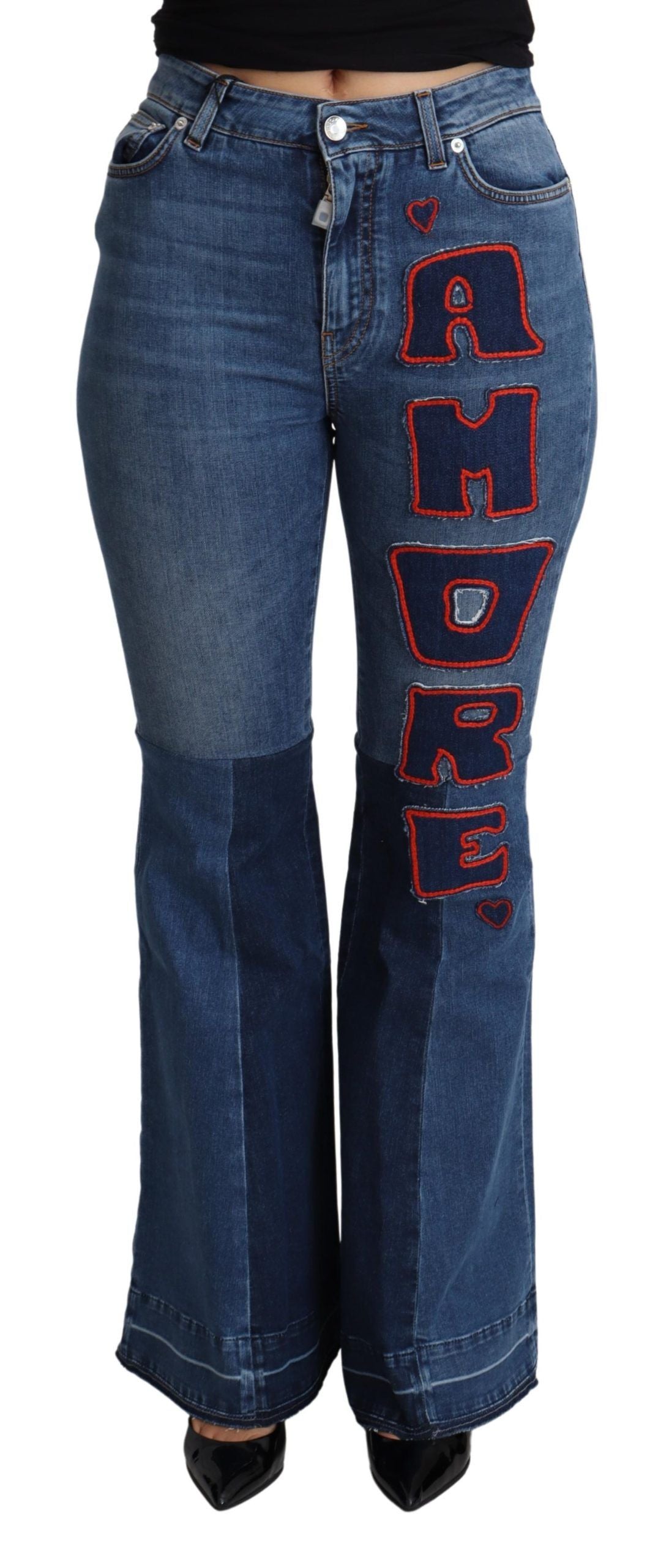 Dolce & Gabbana Blue Amore Patch Boot Cut Baumwoll-Stretchhose