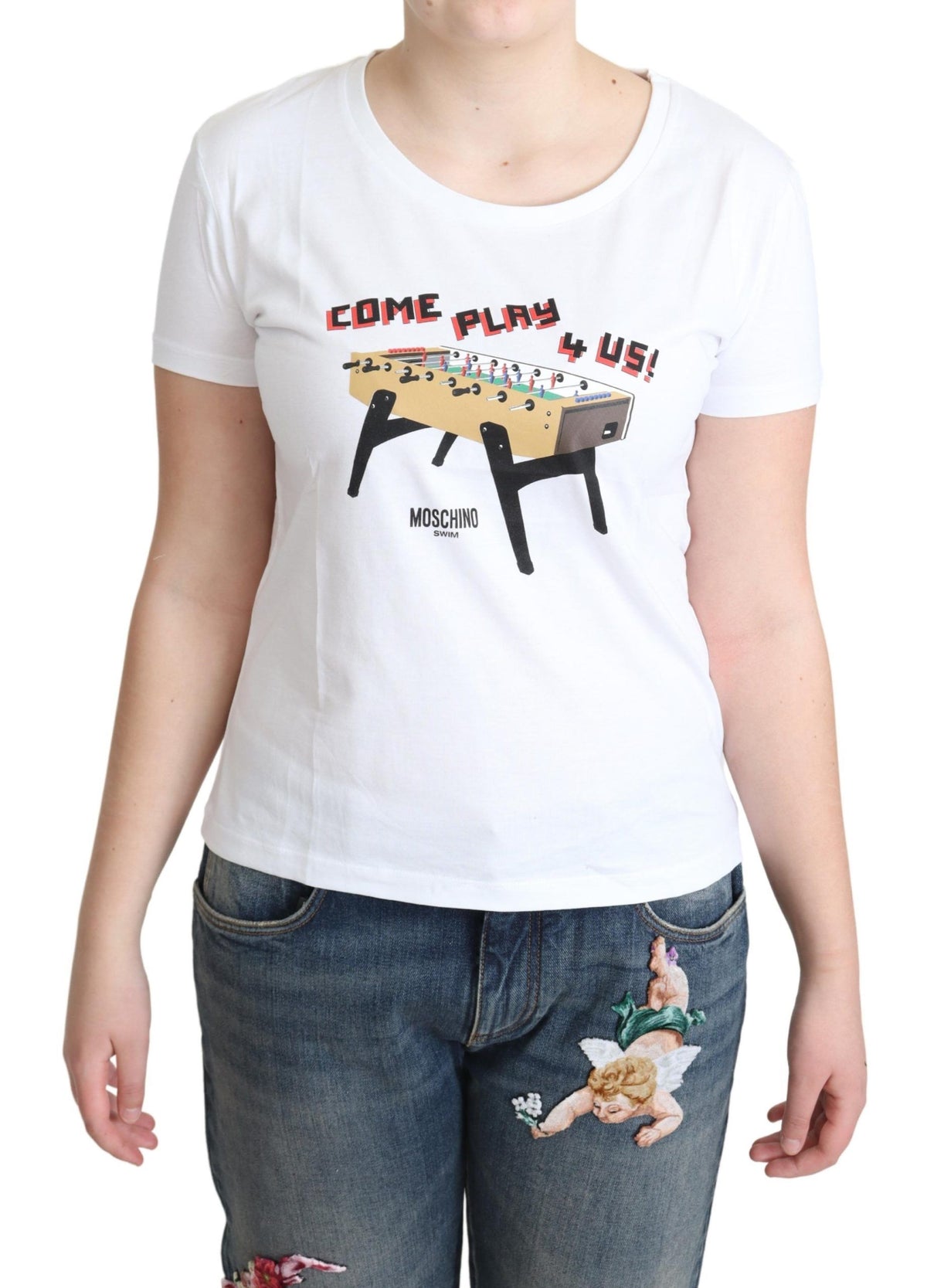 Moschino Weißes Baumwoll-T-Shirt mit „Come Play 4 Us“-Aufdruck