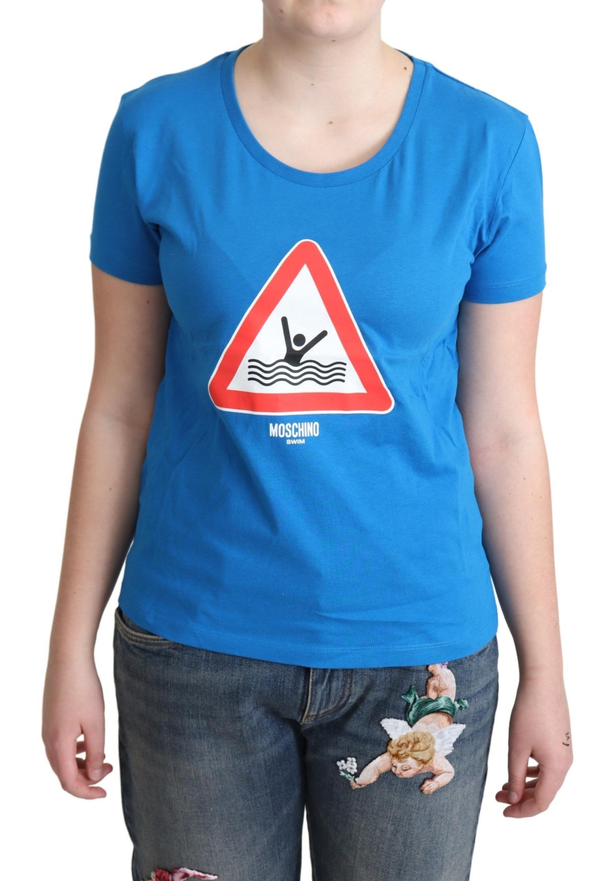 Moschino blaues Baumwoll-Bade-T-Shirt mit Grafik und Dreiecksausschnitt