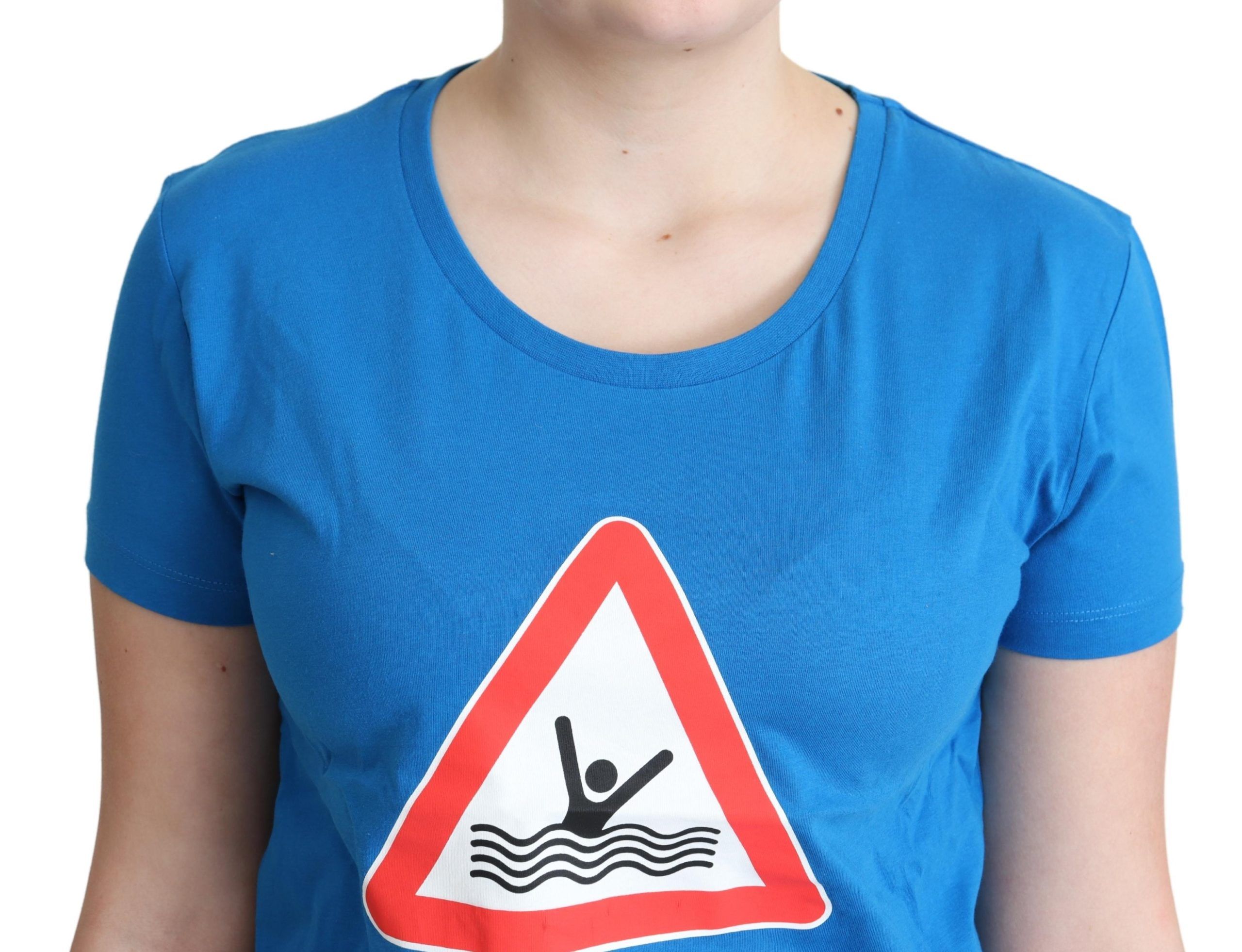 Moschino blaues Baumwoll-Bade-T-Shirt mit Grafik und Dreiecksausschnitt