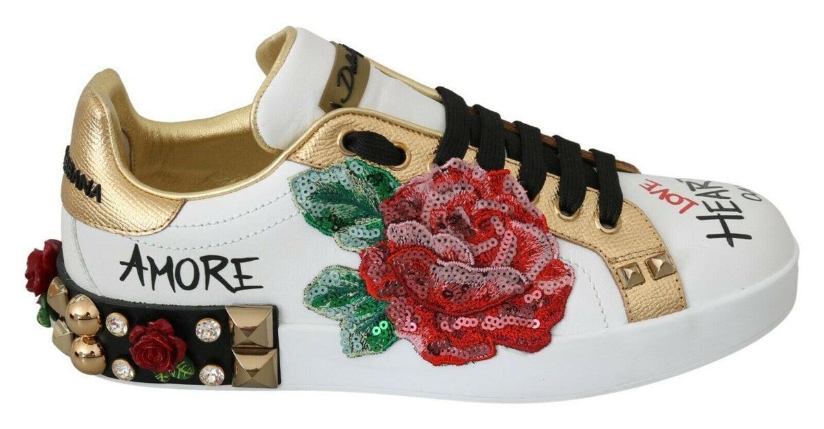 Dolce & Gabbana Weiße Rosen Pailletten Kristall Damen-Sneaker Schuhe